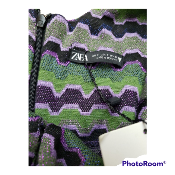 NWT Zara Purple Green Metallic Zig Zag Knit Keyhole Retro Mini Dress Size S - Picture 8 of 10